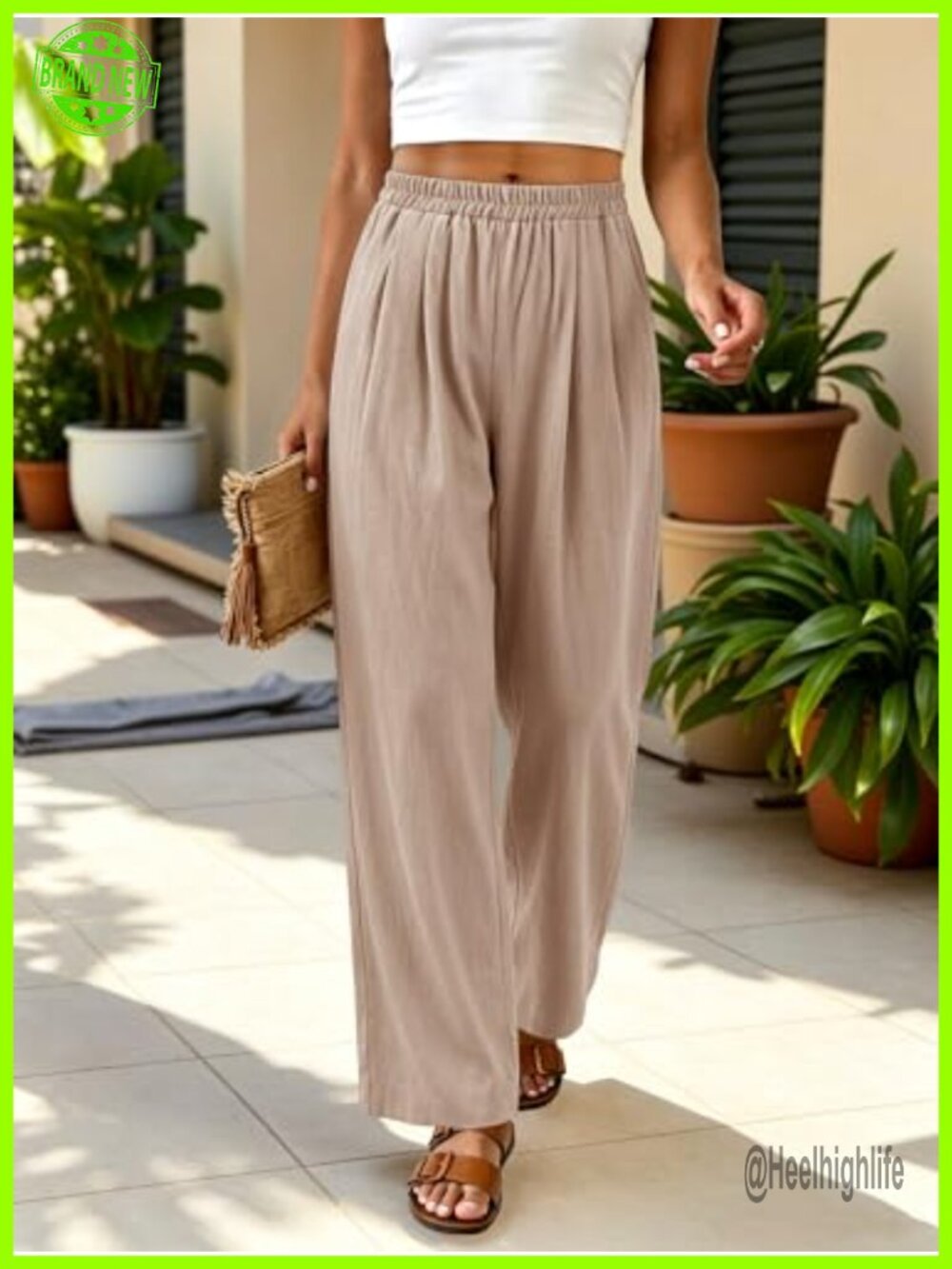 Women Cotton Linen Palazzo Pants Wide Leg Summer Flowy Trousers with Pockets